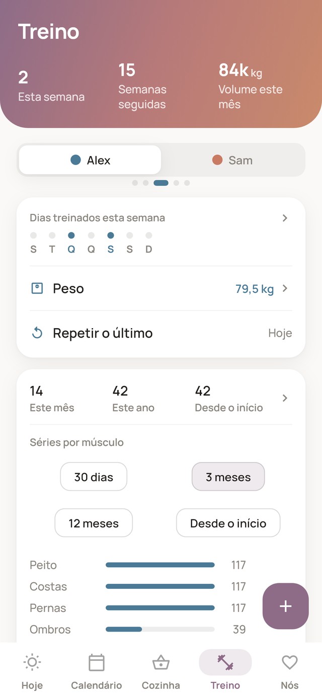 Resumo de treino a mostrar uma sequência semanal, dias treinados esta semana e séries registadas por grupo muscular