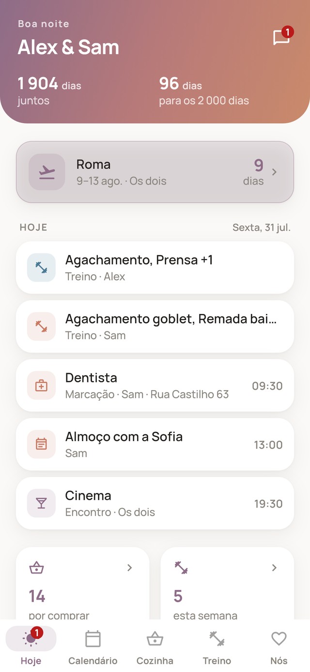 Ecrã inicial do Clovie, a cumprimentar as duas pessoas pelo nome com a contagem de dias juntos e os planos do dia por baixo