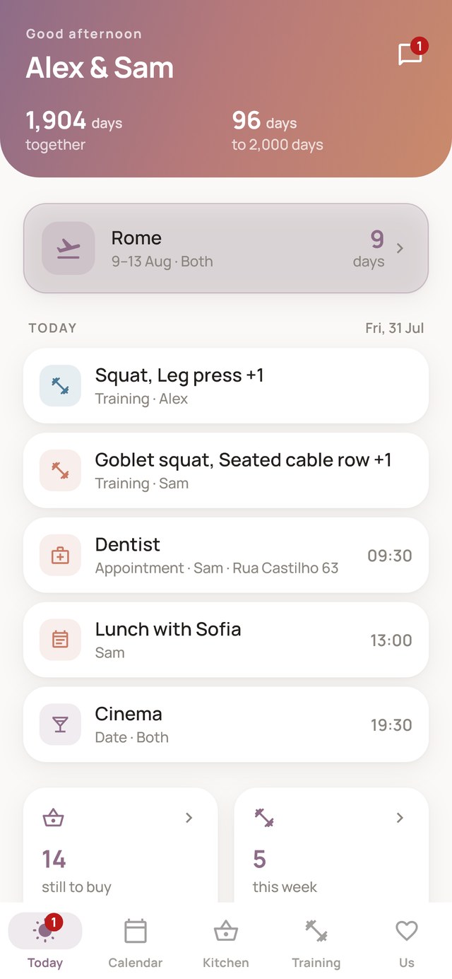 Clovie's home screen, greeting both people by name with a days-together count and the day's plans underneath