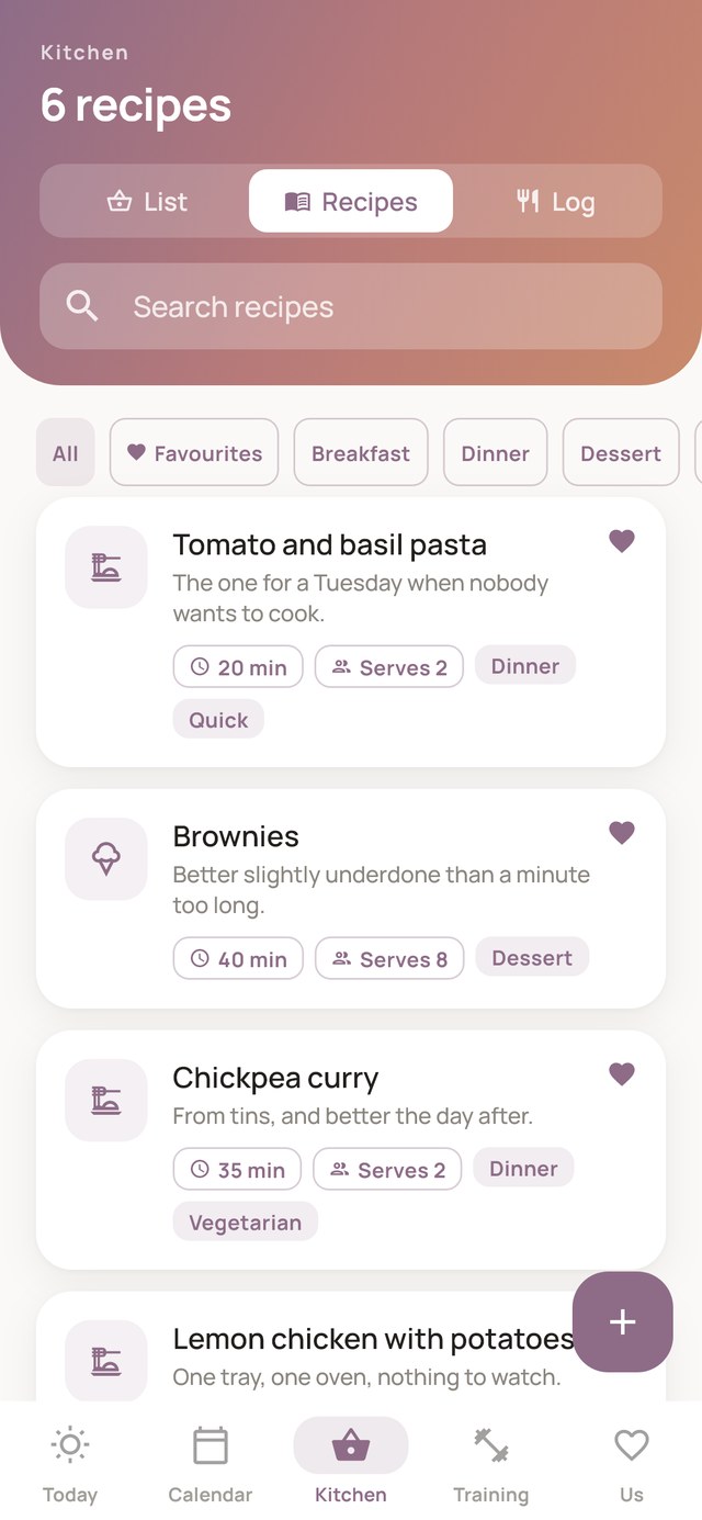 Recipe book with cook time, servings and tags shown on each recipe card
