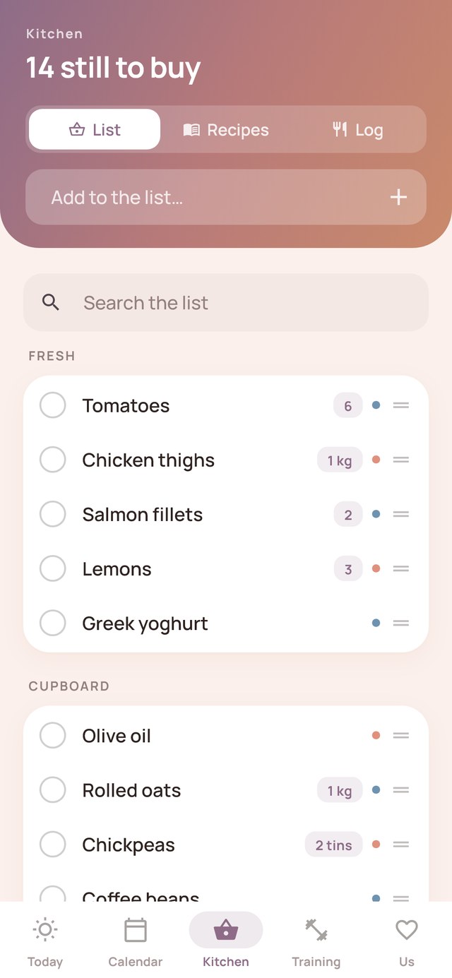 Shared shopping list sorted into Fresh and Cupboard sections, with quantities next to each item
